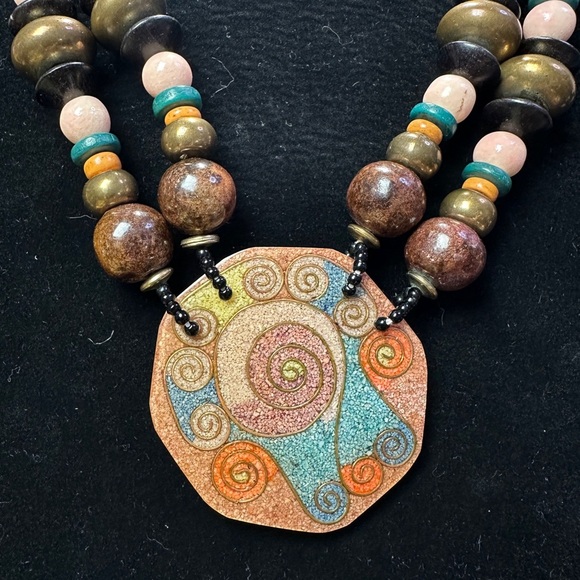 Unique Maximalism Chunky Artisan Beaded Necklace with Swirl Pendant Boho Tribal - Picture 2 of 9